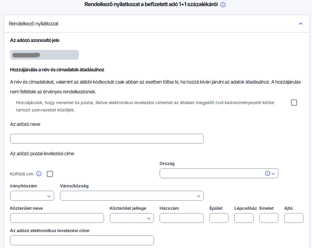 Nem szükséges kitölteni, csak akkor kell, ha a civil szervezet megismerheti a fő adatainkat
